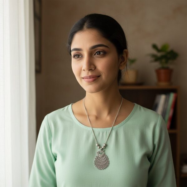 elegant peacock design oxidised silver finish pendant necklace (1 pc) elegant peacock design oxidised silver finish pendant necklace (1 pc)