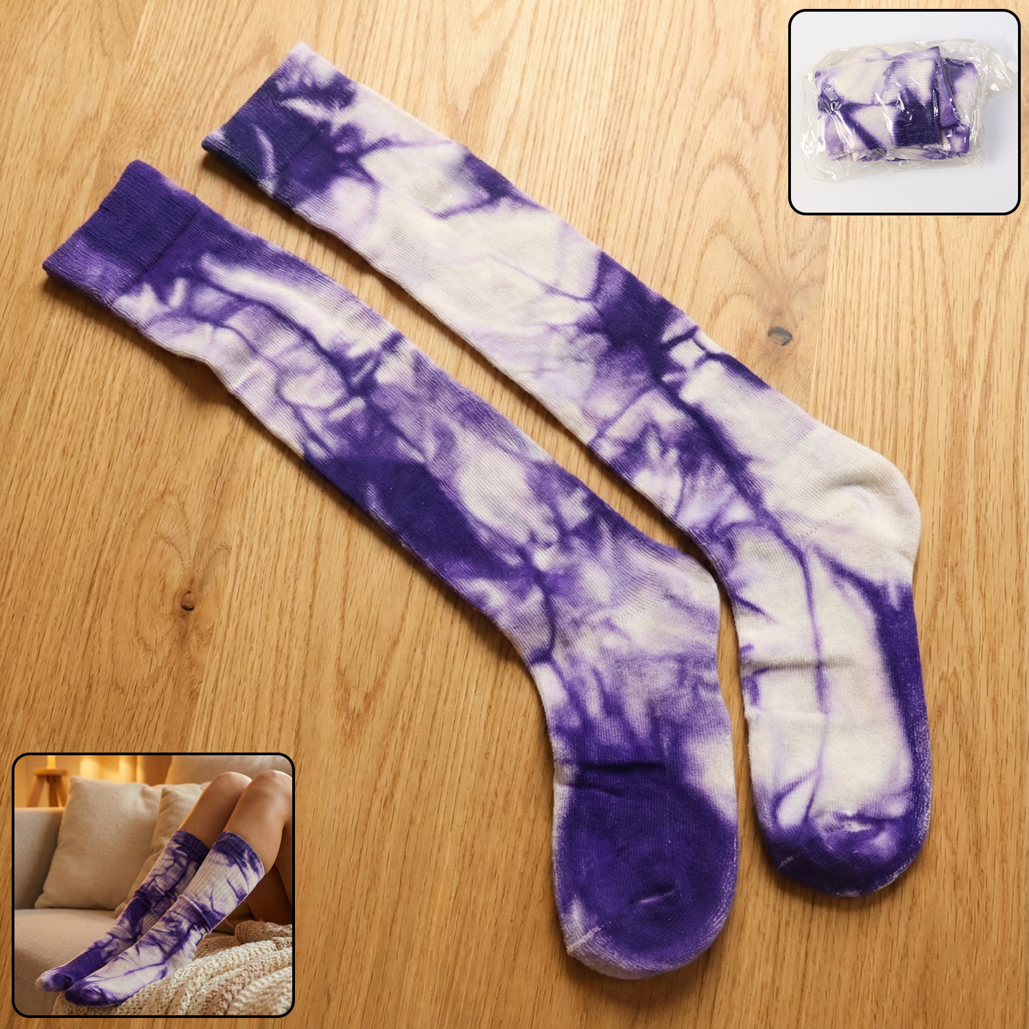 purple & white tie dye long socks (1 pair)