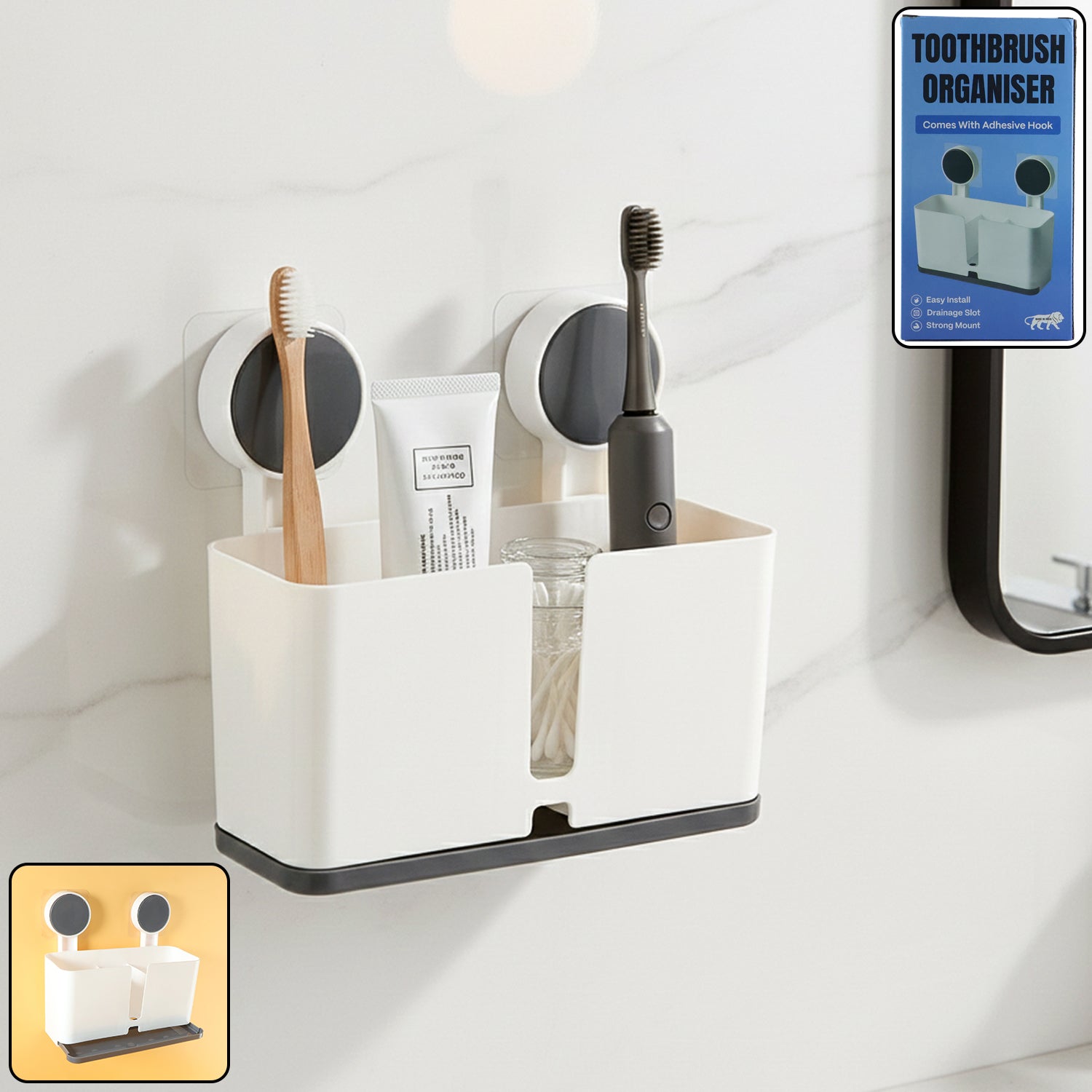 wall mounted 3 compartment toothbrush holder with adhesive installation (1 pc)