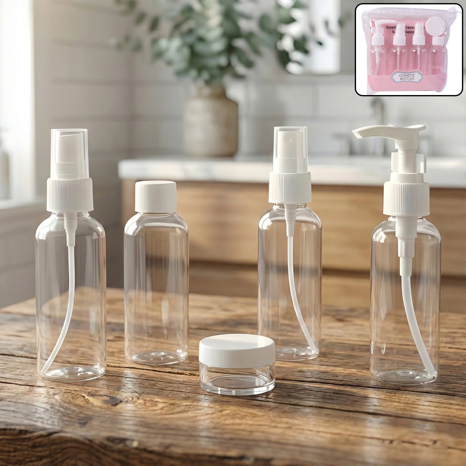 5 in 1 refillable travel cosmetic bottle set