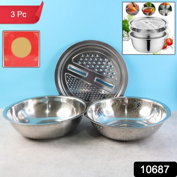 3 in 1 stainless steel mixing, straining & grater bowl set