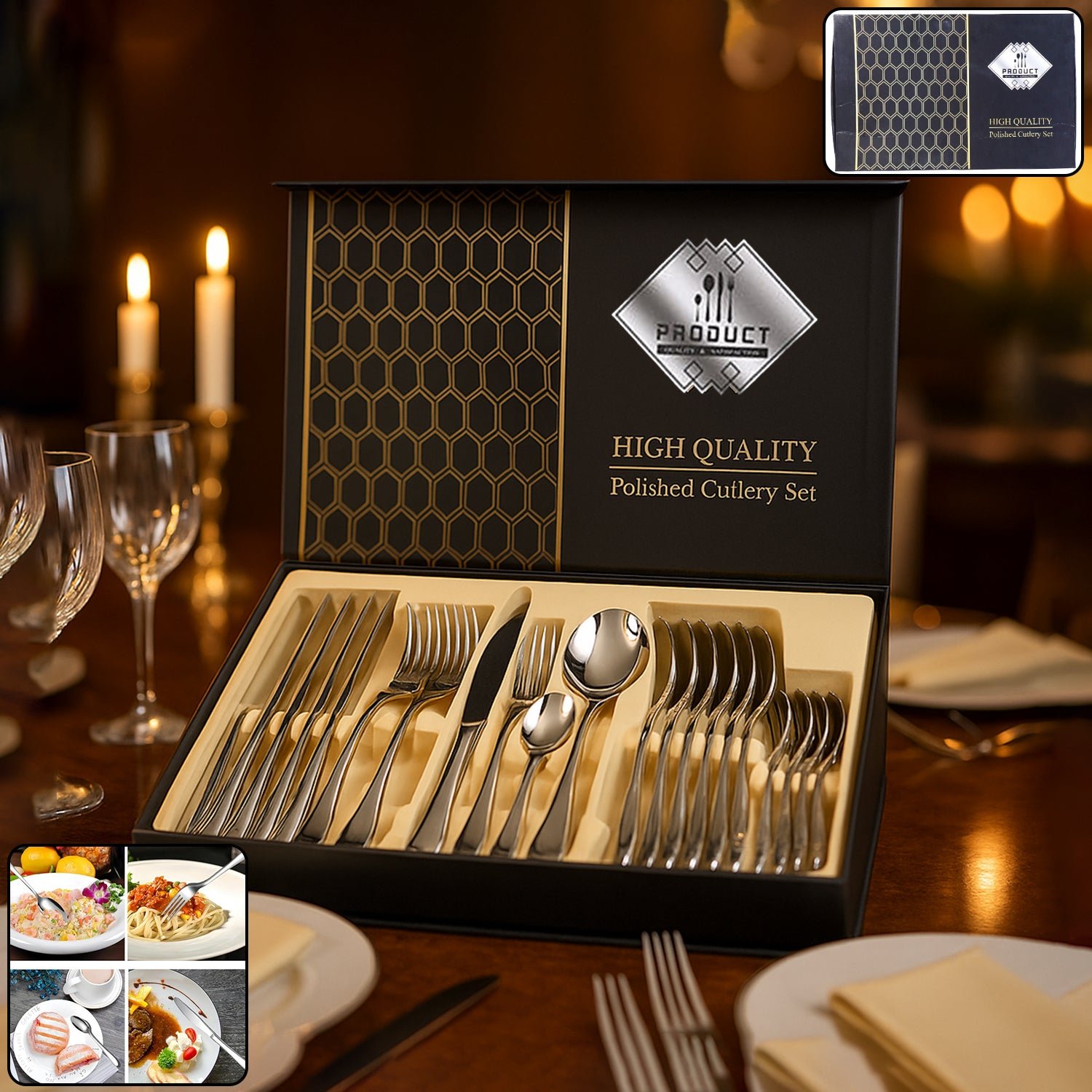 premium stainless steel polished cutlery set (24 pc)