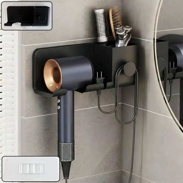 wall mounted hair dryer holder with multipurpose organizer shelf and hook
