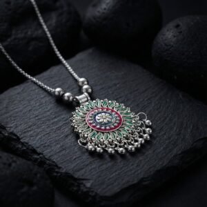 antique silver tone oxidized floral mandala pendant necklace (1 pc)