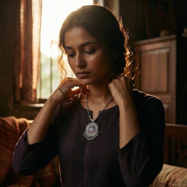 antique silver tone oxidized floral mandala pendant necklace (1 pc) antique silver tone oxidized floral mandala pendant necklace (1 pc)