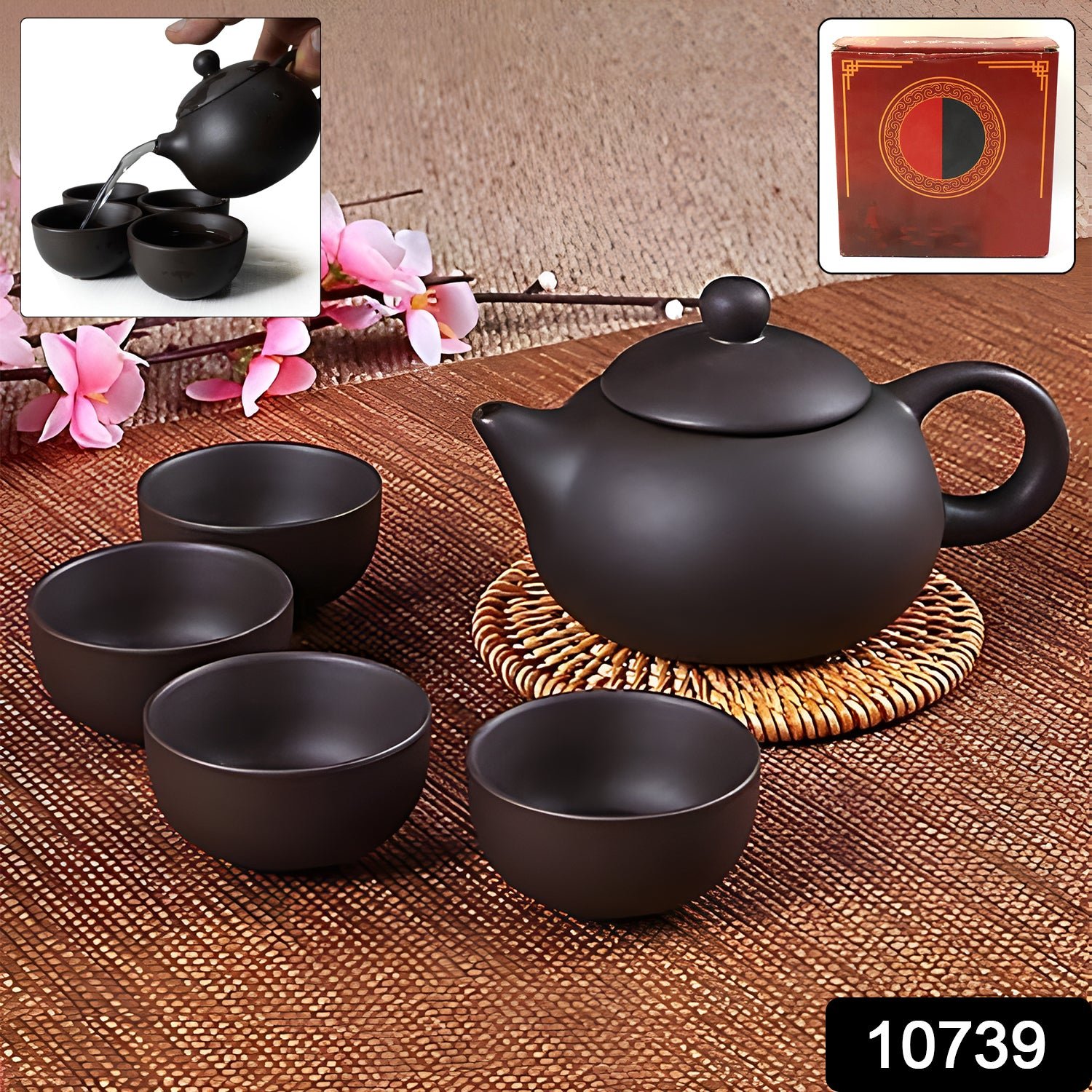 premium black clay / ceramic tea set with teapot & 4 cups