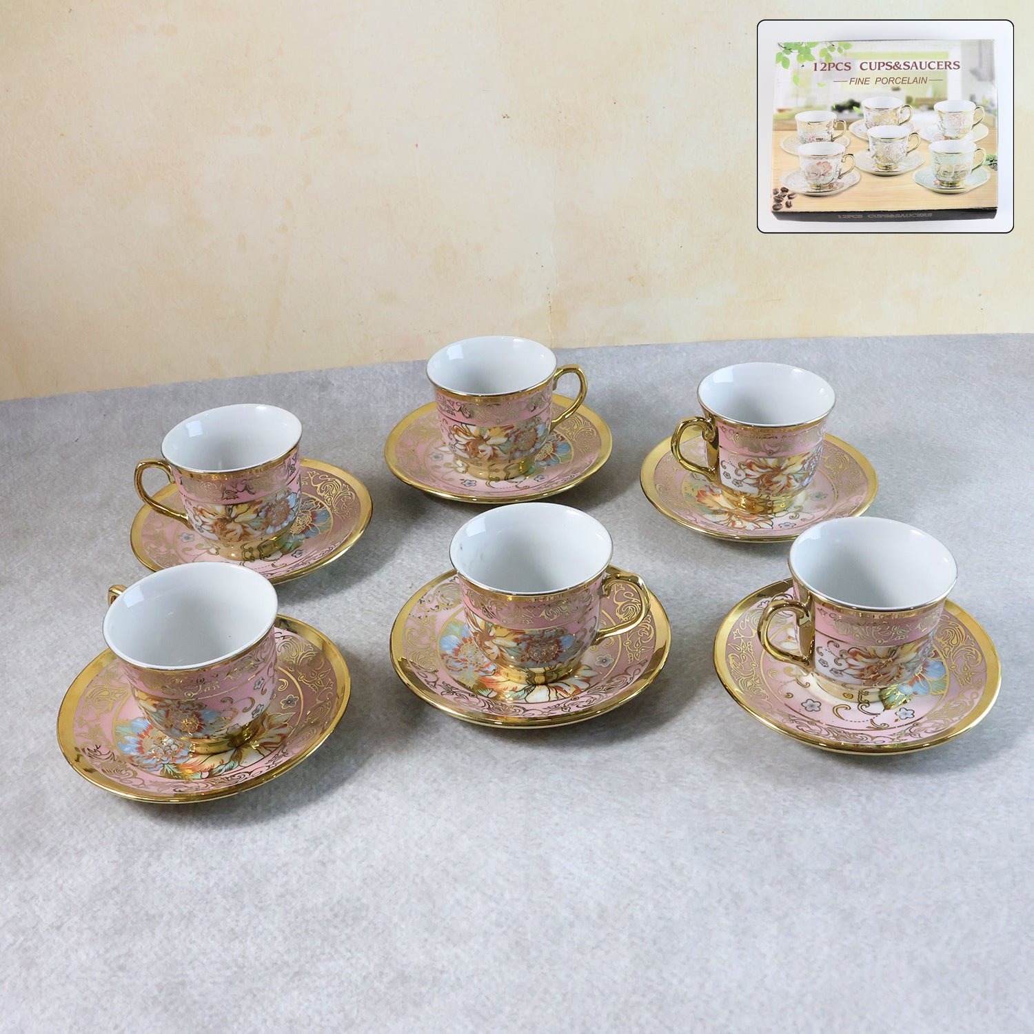 premium floral porcelain tea cup and saucer set (12 pc set)