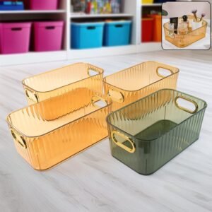 Premium Ribbed Transparent Storage Basket with Gold Handle  25×14 cm 4 Pc