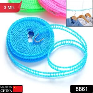 3 Meter Anti-Slip Clothesline Rope - Nylon, Hooks, Indoor/Outdoor