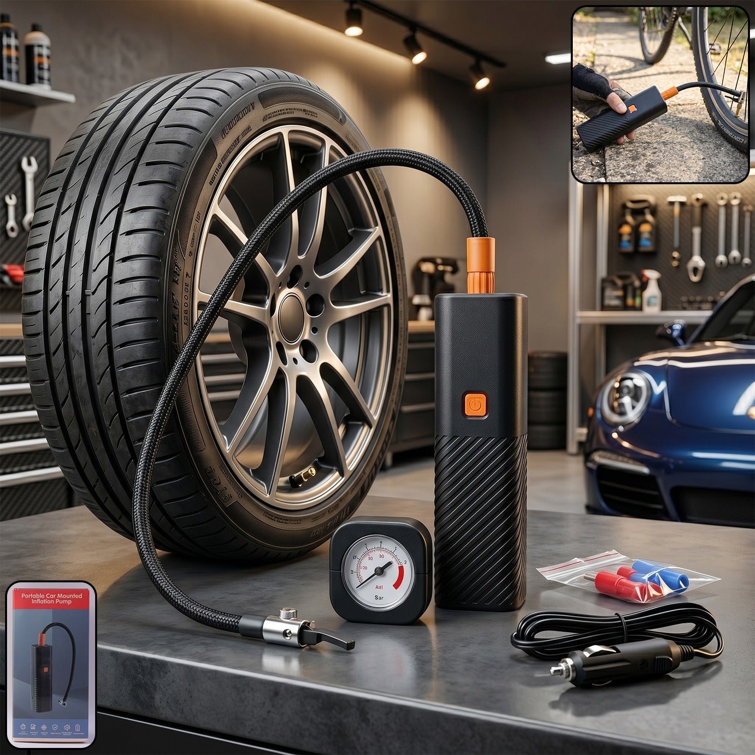 Portable Car Mounted Tyre Inflator Air Pump (1 Set)