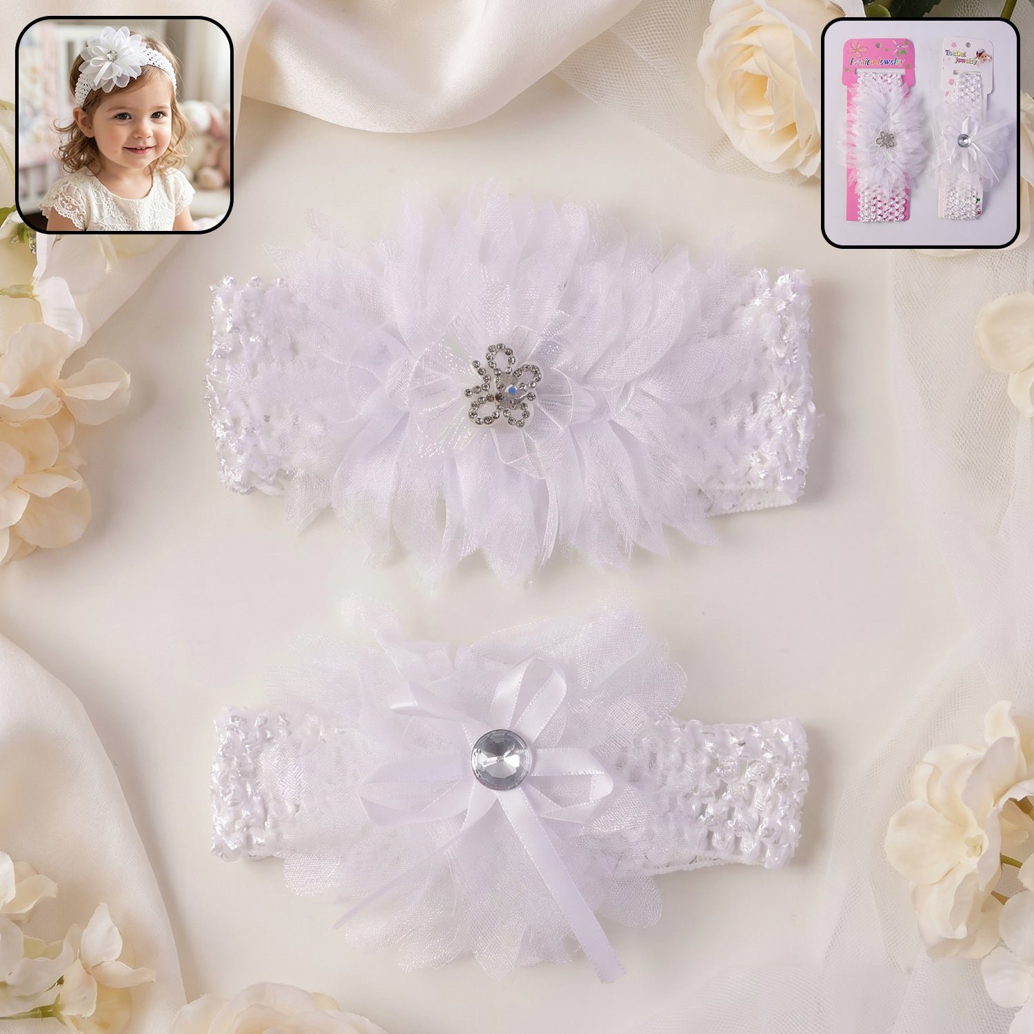 Soft Elastic Baby Hair Headband with Floral Lace Design (1 Pc, Mix Design)