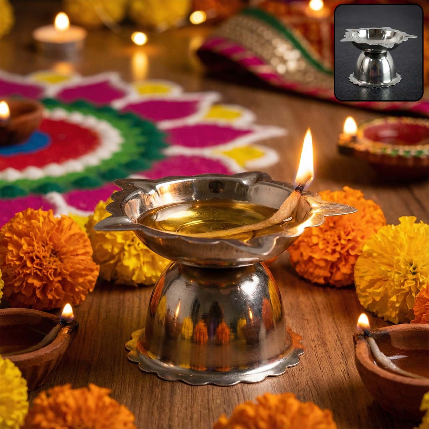 Stainless Steel Sunflower Design Diya Stand (Small Size / 1 Pc)