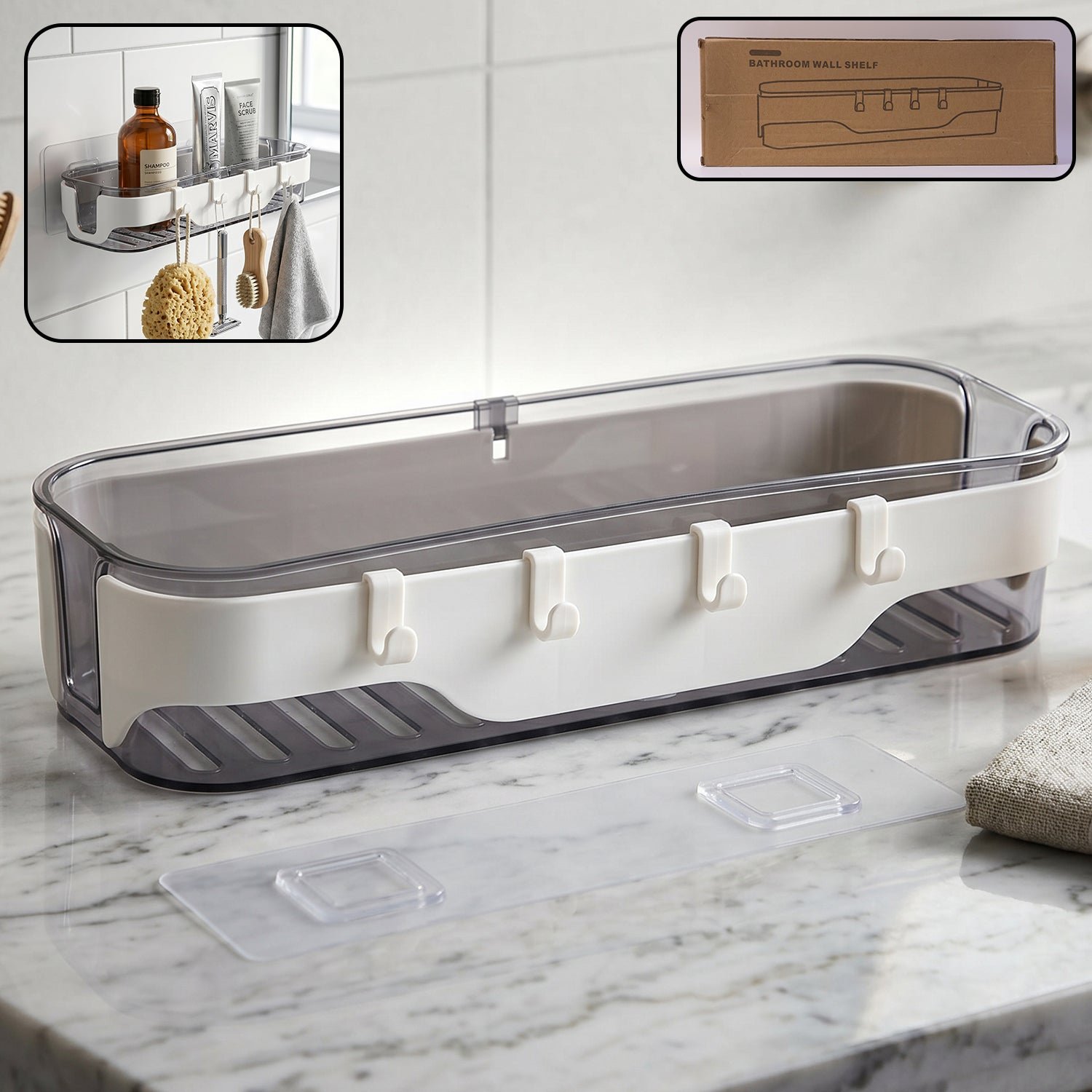 Stylish Bathroom Wall Shelf – 1 Pc, Multi-Purpose Storage Organizer with Hooks